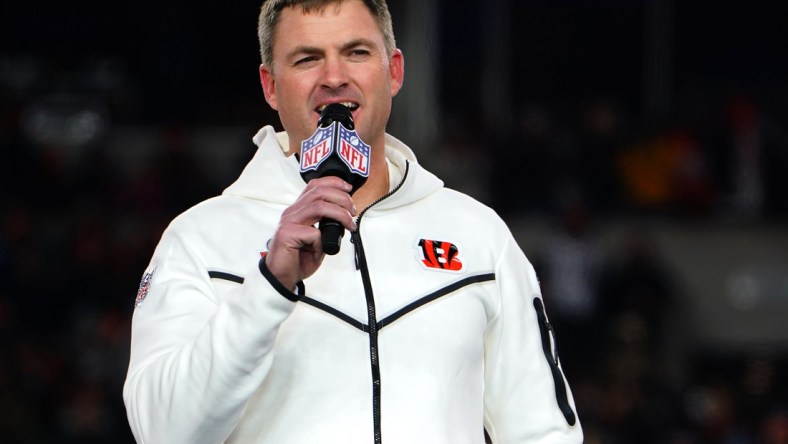 Cincinnati Bengals head coach Zac Taylor delivers remarks during the Super Bowl LVI Opening Night Fan Rally, Monday, Feb. 7, 2022, at Paul Brown Stadium in Cincinnati. The Cincinnati Bengals are set to face off against the Los Angeles Rams in Super Bowl LVI, Sunday, Feb. 13, at SoFi Stadium in Inglewood, Calif.

Cincinnati Bengals Super Bowl Lvi Opening Night Fan Rally Feb 7