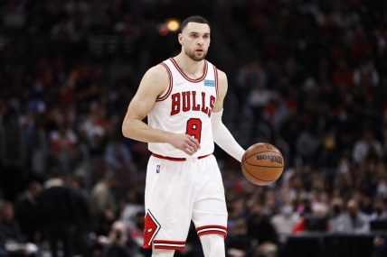 Feb 7, 2022; Chicago, Illinois, USA; Chicago Bulls guard Zach LaVine (8) brings the ball up court against the Phoenix Suns during the second half at United Center. Mandatory Credit: Kamil Krzaczynski-USA TODAY Sports