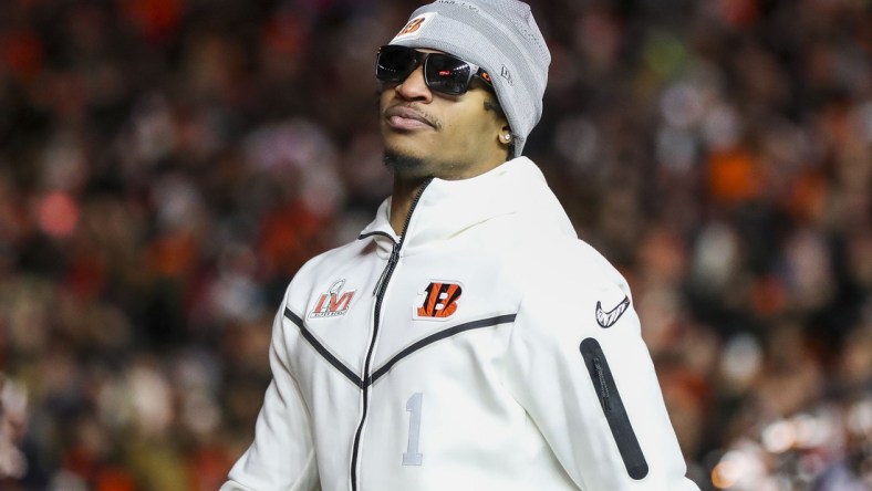 Feb 7, 2022; Cincinnati, OH, USA; Cincinnati Bengals wide receiver Ja'Marr Chase (1) walks onto the field during the Super Bowl Opening Night Fan Rally at Paul Brown Stadium. Mandatory Credit: Katie Stratman-USA TODAY Sports