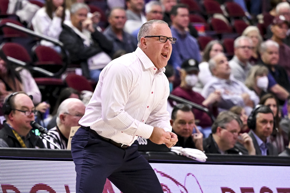 Feb 8, 2022; College Station, Texas, USA;  Texas A&M Aggies head coach Buzz Williams reacts during the second half against the LSU Tigers at Reed Arena. Mandatory Credit: Maria Lysaker-USA TODAY Sports