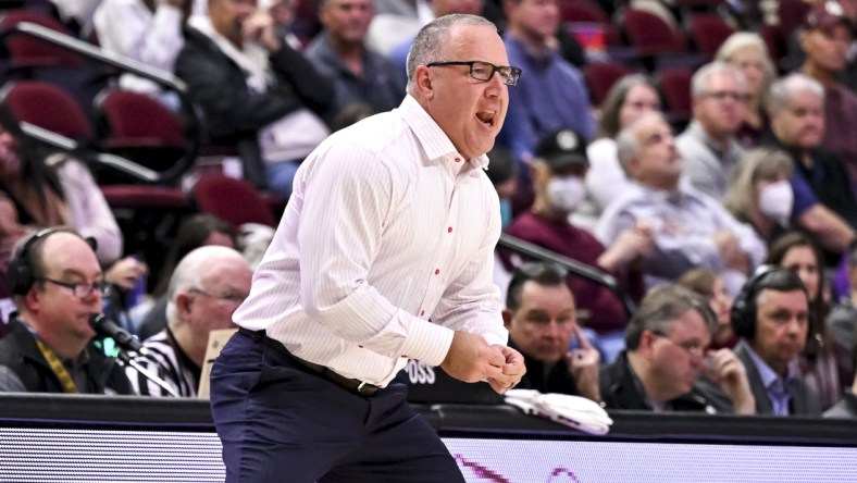 Feb 8, 2022; College Station, Texas, USA;  Texas A&M Aggies head coach Buzz Williams reacts during the second half against the LSU Tigers at Reed Arena. Mandatory Credit: Maria Lysaker-USA TODAY Sports