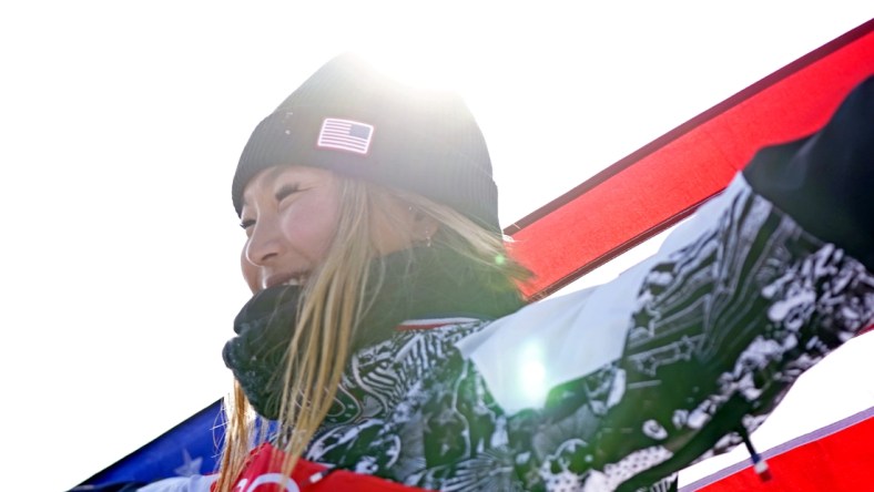 Feb 10, 2022; Zhangjiakou, China; Chloe Kim (USA) celebrates winning the gold medal in the Women   s Snowboarding Halfpipe Final during the Beijing 2022 Olympic Winter Games at Genting Snow Park. Mandatory Credit: Danielle Parhizkaran-USA TODAY Sports