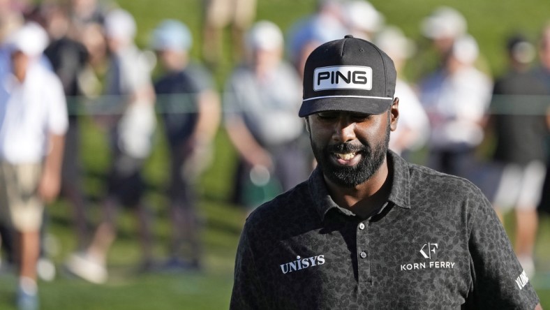 Feb 10, 2022; Scottsdale, AZ, USA; Sahith Theegala smiles during the first round of the Waste Management Phoenix Open golf tournament. Mandatory Credit: Cheryl Evans-Arizona Republic-USA TODAY NETWORK