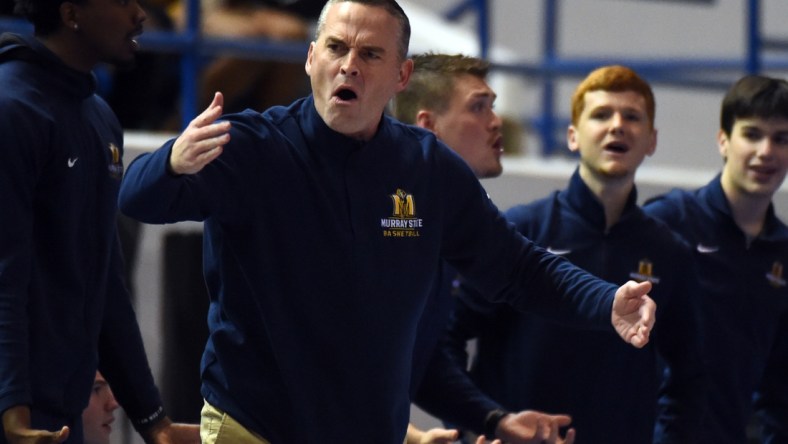 Feb 10, 2022; Nashville, Tennessee, USA; Murray State Racers head coach Matt McMahon disagrees with a call during the first half against the Tennessee State Tigers at Gentry Complex. Mandatory Credit: Christopher Hanewinckel-USA TODAY Sports