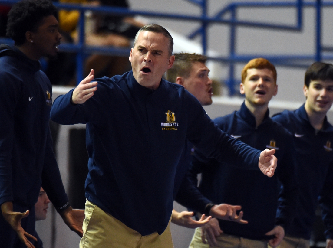 Feb 10, 2022; Nashville, Tennessee, USA; Murray State Racers head coach Matt McMahon disagrees with a call during the first half against the Tennessee State Tigers at Gentry Complex. Mandatory Credit: Christopher Hanewinckel-USA TODAY Sports