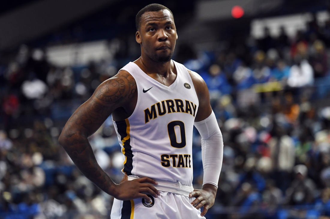 Feb 10, 2022; Nashville, Tennessee, USA; Murray State Racers forward KJ Williams (0) looks on during the second half against the Tennessee State Tigers at Gentry Complex. Mandatory Credit: Christopher Hanewinckel-USA TODAY Sports