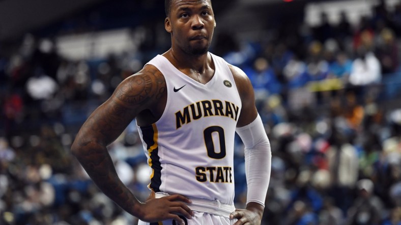 Feb 10, 2022; Nashville, Tennessee, USA; Murray State Racers forward KJ Williams (0) looks on during the second half against the Tennessee State Tigers at Gentry Complex. Mandatory Credit: Christopher Hanewinckel-USA TODAY Sports