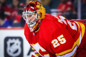 Feb 10, 2022; Calgary, Alberta, CAN; Calgary Flames goaltender Jacob Markstrom (25) guards his net against the Toronto Maple Leafs during the second period at Scotiabank Saddledome. Mandatory Credit: Sergei Belski-USA TODAY Sports