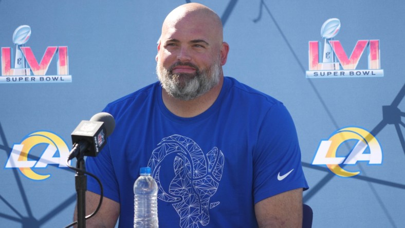 Feb 11, 2022; Thousand Oaks, CA, USA; Los Angeles Rams tackle Andrew Whitworth during press conference at Cal Lutheran University. Mandatory Credit: Kirby Lee-USA TODAY Sports