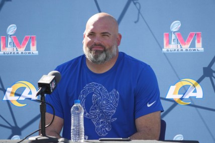 Feb 11, 2022; Thousand Oaks, CA, USA; Los Angeles Rams tackle Andrew Whitworth during press conference at Cal Lutheran University. Mandatory Credit: Kirby Lee-USA TODAY Sports
