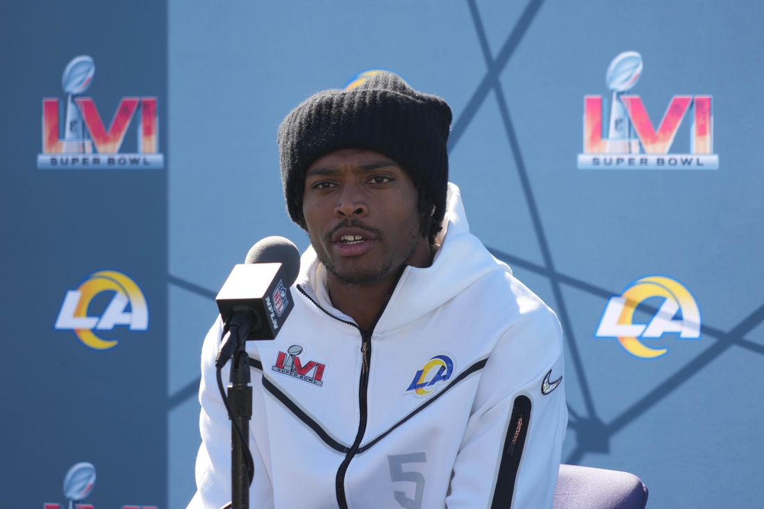 Feb 11, 2022; Thousand Oaks, CA, USA; Los Angeles Rams safety Jalen Ramsey during press conference at Cal Lutheran University. Mandatory Credit: Kirby Lee-USA TODAY Sports