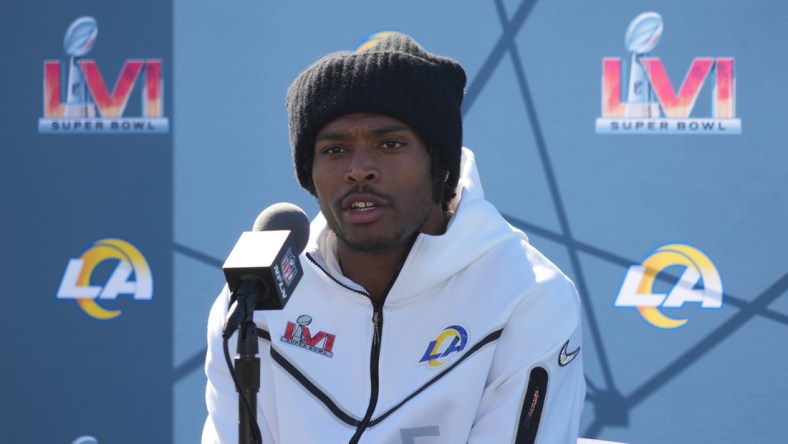 Feb 11, 2022; Thousand Oaks, CA, USA; Los Angeles Rams safety Jalen Ramsey during press conference at Cal Lutheran University. Mandatory Credit: Kirby Lee-USA TODAY Sports