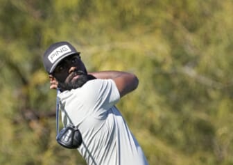 Feb 11, 2022; Scottsdale, AZ, USA; Sahith Theegala hits from the ninth tee box during the second round of the Waste Management Phoenix Open golf tournament. Mandatory Credit: Cheryl Evans-Arizona Republic-USA TODAY NETWORK