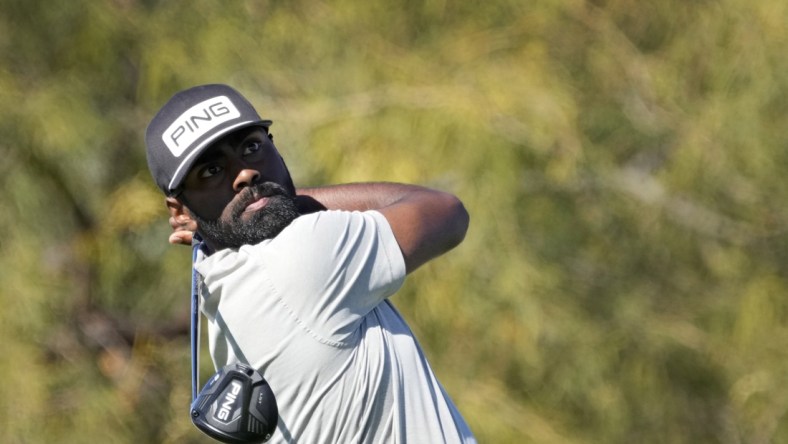 Feb 11, 2022; Scottsdale, AZ, USA; Sahith Theegala hits from the ninth tee box during the second round of the Waste Management Phoenix Open golf tournament. Mandatory Credit: Cheryl Evans-Arizona Republic-USA TODAY NETWORK