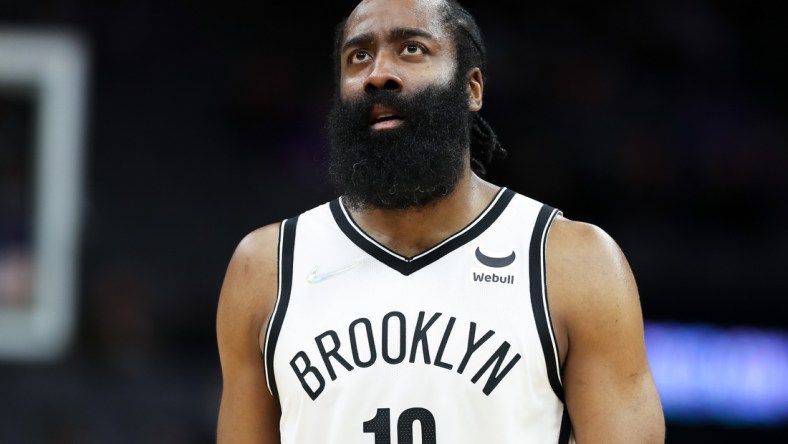 Feb 2, 2022; Sacramento, California, USA;  Brooklyn Nets guard James Harden (13) during the game against the Sacramento Kings at Golden 1 Center. Mandatory Credit: Sergio Estrada-USA TODAY Sports