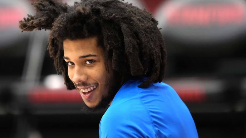 Feb 8, 2022; Stanford, California, USA; UCLA Bruins guard Tyger Campbell (10) before the game against the Stanford Cardinal at Maples Pavilion. Mandatory Credit: Darren Yamashita-USA TODAY Sports