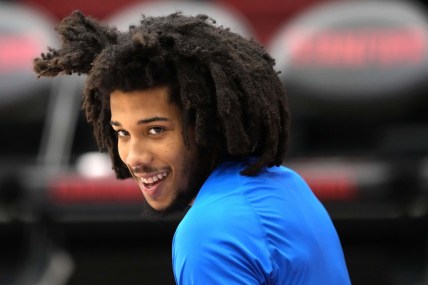 Feb 8, 2022; Stanford, California, USA; UCLA Bruins guard Tyger Campbell (10) before the game against the Stanford Cardinal at Maples Pavilion. Mandatory Credit: Darren Yamashita-USA TODAY Sports