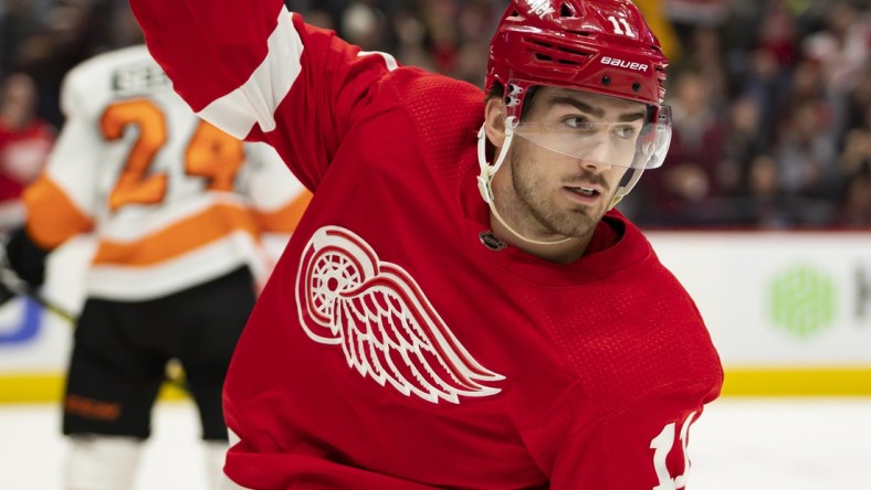 Feb 12, 2022; Detroit, Michigan, USA; Detroit Red Wings right wing Filip Zadina (11) celebrates after scoring a goal during the second period against the Philadelphia Flyers at Little Caesars Arena. Mandatory Credit: Raj Mehta-USA TODAY Sports