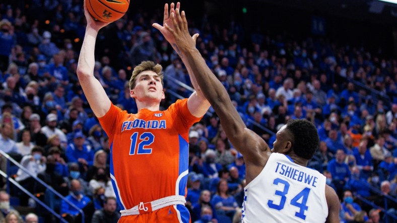 Feb 12, 2022; Lexington, Kentucky, USA; Florida Gators forward Colin Castleton (12) shoots the ball during the first half against the Kentucky Wildcats at Rupp Arena at Central Bank Center. Mandatory Credit: Jordan Prather-USA TODAY Sports