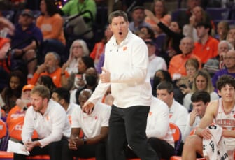 Feb 12, 2022; Clemson, South Carolina, USA; Clemson Tigers head coach Brad Brownell reacts in the second half against the Notre Dame Fighting Irish at Littlejohn Coliseum. Mandatory Credit: Dawson Powers-USA TODAY Sports