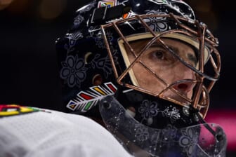 Feb 12, 2022; St. Louis, Missouri, USA;  Chicago Blackhawks goaltender Marc-Andre Fleury (29) looks on during the second period against the St. Louis Blues at Enterprise Center. Mandatory Credit: Jeff Curry-USA TODAY Sports