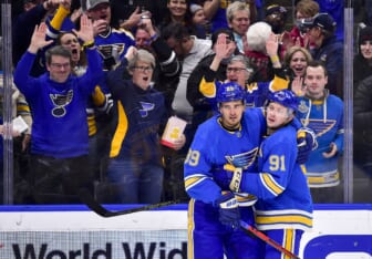 Feb 12, 2022; St. Louis, Missouri, USA;  St. Louis Blues right wing Vladimir Tarasenko (91) celebrates with left wing Pavel Buchnevich (89) after scoring against the Chicago Blackhawks during the second period at Enterprise Center. Mandatory Credit: Jeff Curry-USA TODAY Sports