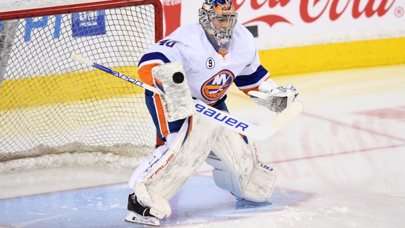 Feb 12, 2022; Calgary, Alberta, CAN; New York Islanders goalie Semyon Varlamov (40) warms up before a game against the Calgary Flames at Scotiabank Saddledome. Mandatory Credit: Candice Ward-USA TODAY Sports