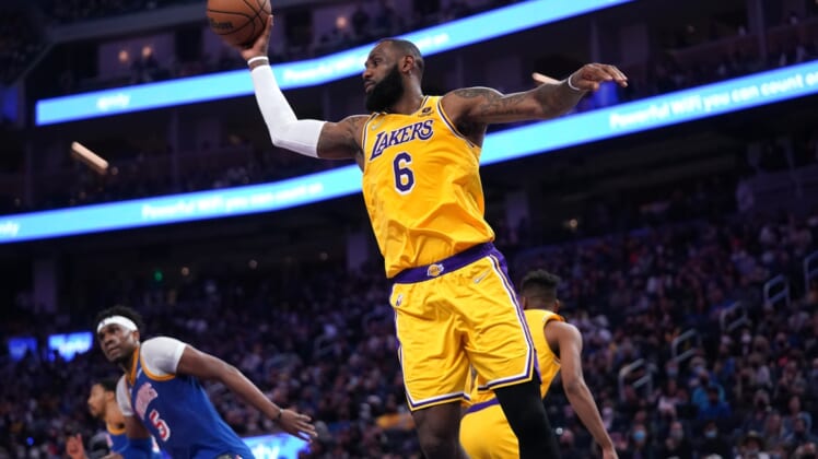 Feb 12, 2022; San Francisco, California, USA; Los Angeles Lakers forward LeBron James (6) holds onto a rebound against the Golden State Warriors in the first quarter at the Chase Center. Mandatory Credit: Cary Edmondson-USA TODAY Sports