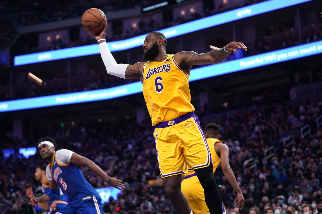 Feb 12, 2022; San Francisco, California, USA; Los Angeles Lakers forward LeBron James (6) holds onto a rebound against the Golden State Warriors in the first quarter at the Chase Center. Mandatory Credit: Cary Edmondson-USA TODAY Sports