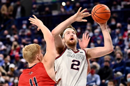 Feb 12, 2022; Spokane, Washington, USA; Gonzaga Bulldogs forward Drew Timme (2) shoots the ball against St. Mary's Gaels forward Matthias Tass (11) in the first half at McCarthey Athletic Center. Mandatory Credit: James Snook-USA TODAY Sports
