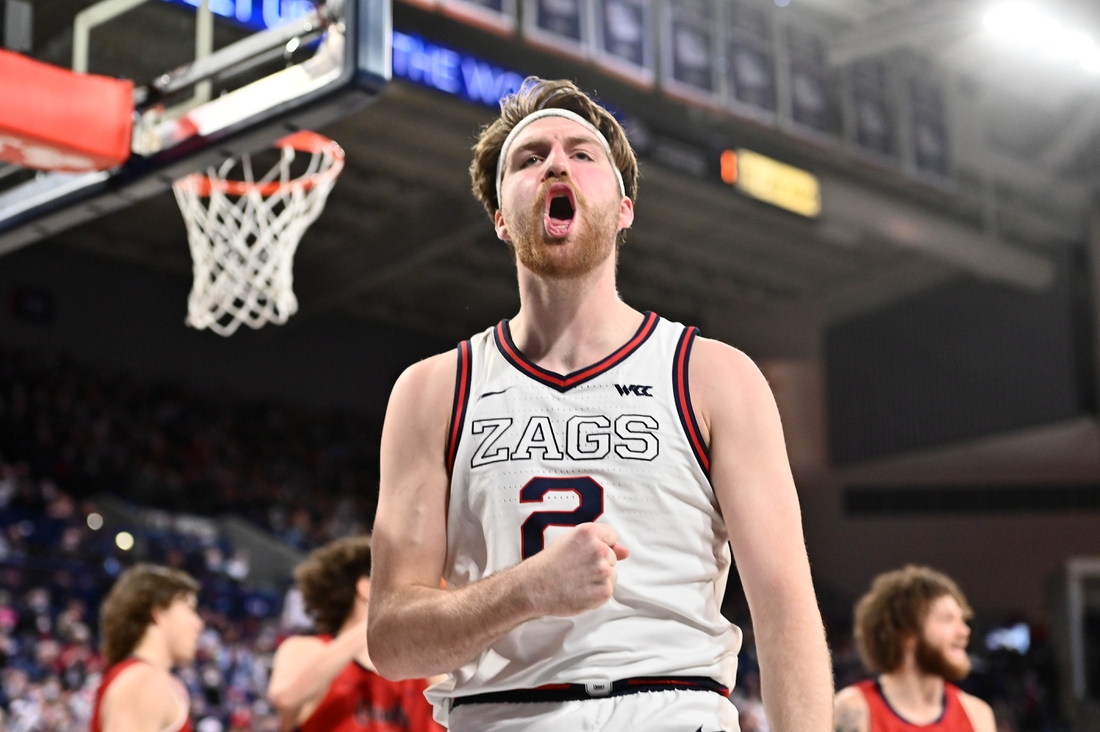 Feb 12, 2022; Spokane, Washington, USA; Gonzaga Bulldogs forward Drew Timme (2) celebrates after a scoring a basket and drawing a foul against the St. Mary's Gaels in the second half at McCarthey Athletic Center. Gonzaga won 74-58. Mandatory Credit: James Snook-USA TODAY Sports