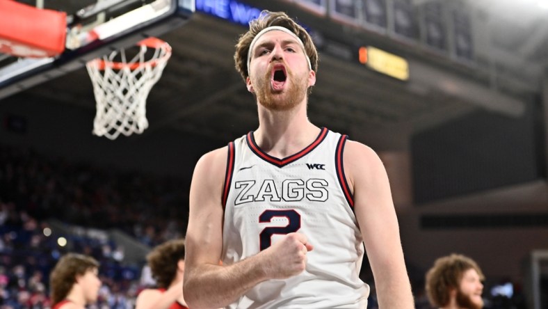 Feb 12, 2022; Spokane, Washington, USA; Gonzaga Bulldogs forward Drew Timme (2) celebrates after a scoring a basket and drawing a foul against the St. Mary's Gaels in the second half at McCarthey Athletic Center. Gonzaga won 74-58. Mandatory Credit: James Snook-USA TODAY Sports