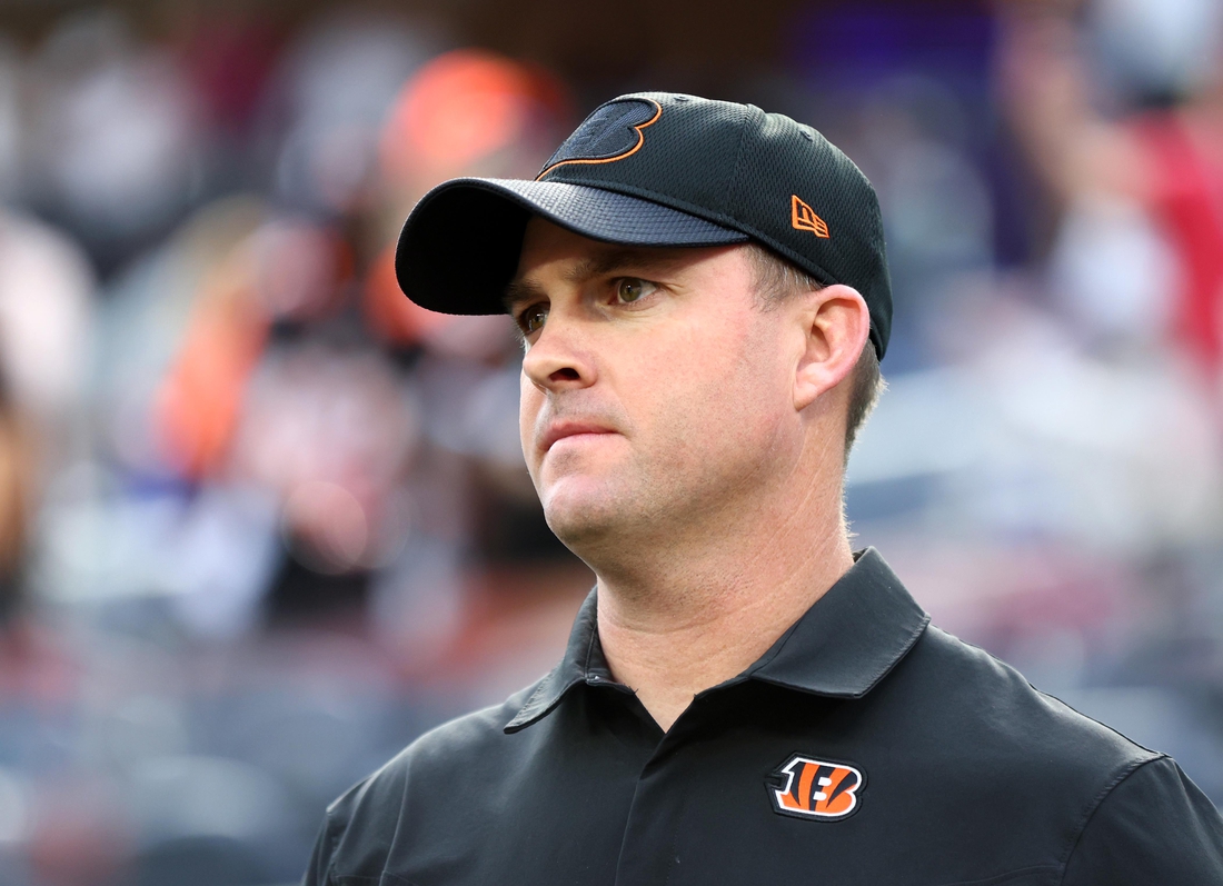 Feb 13, 2022; Inglewood, CA, USA; Cincinnati Bengals head coach Zac Taylor before playing against the Los Angeles Rams in Super Bowl LVI at SoFi Stadium. Mandatory Credit: Mark J. Rebilas-USA TODAY Sports