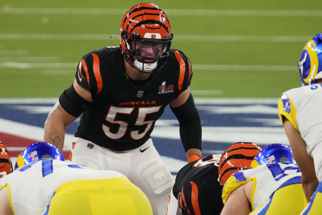 Feb 13, 2022; Inglewood, CA, USA; Cincinnati Bengals linebacker Logan Wilson (55) looks on against the Los Angeles Rams in the fourth quarter of Super Bowl LVI at SoFi Stadium. Mandatory Credit: Robert Hanashiro-USA TODAY Sports