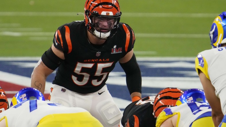 Feb 13, 2022; Inglewood, CA, USA; Cincinnati Bengals linebacker Logan Wilson (55) looks on against the Los Angeles Rams in the fourth quarter of Super Bowl LVI at SoFi Stadium. Mandatory Credit: Robert Hanashiro-USA TODAY Sports