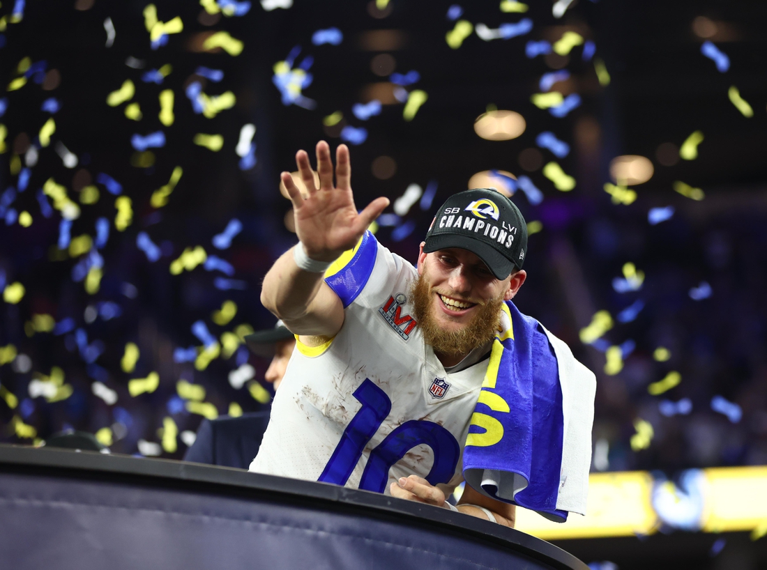 Feb 13, 2022; Inglewood, CA, USA; Los Angeles Rams wide receiver Cooper Kupp (10) celebrates after defeating the Cincinnati Bengals in Super Bowl LVI at SoFi Stadium. Mandatory Credit: Mark J. Rebilas-USA TODAY Sports