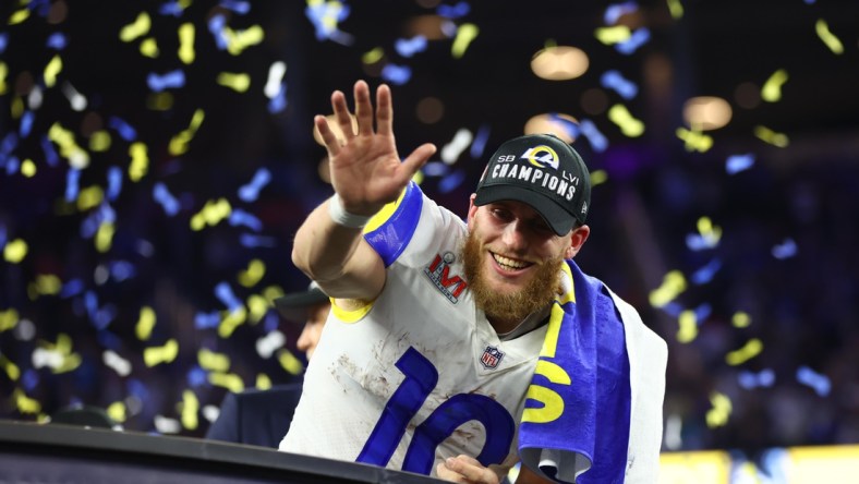 Feb 13, 2022; Inglewood, CA, USA; Los Angeles Rams wide receiver Cooper Kupp (10) celebrates after defeating the Cincinnati Bengals in Super Bowl LVI at SoFi Stadium. Mandatory Credit: Mark J. Rebilas-USA TODAY Sports