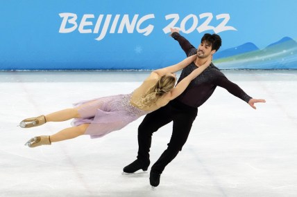 Feb 14, 2022; Beijing, China; Madison Hubbell and Zachary Donohue (USA) compete in the mixed ice dance free dance during the Beijing 2022 Olympic Winter Games at Capital Indoor Stadium. Mandatory Credit: Rob Schumacher-USA TODAY Sports