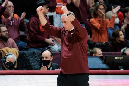 Feb 14, 2022; Blacksburg, Virginia, USA; Virginia Tech Hokies head coach Mike Young reacts during the second half of the college basketball game between the Virginia Tech Hokies and the Virginia Cavaliers at Cassell Coliseum. Mandatory Credit: Ryan Hunt-USA TODAY Sports