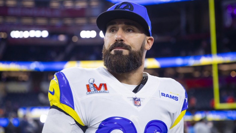 Feb 13, 2022; Inglewood, CA, USA; Los Angeles Rams safety Eric Weddle (20) against the Cincinnati Bengals in Super Bowl LVI at SoFi Stadium. Mandatory Credit: Mark J. Rebilas-USA TODAY Sports