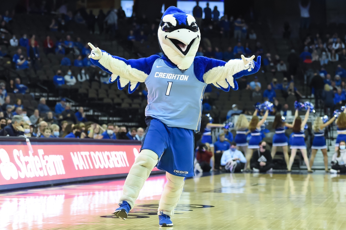 Feb 14, 2022; Omaha, Nebraska, USA; The mascot for the Creighton Bluejays performs during a break in the game against the Georgetown Hoyas in the second half at CHI Health Center Omaha. Mandatory Credit: Steven Branscombe-USA TODAY Sports