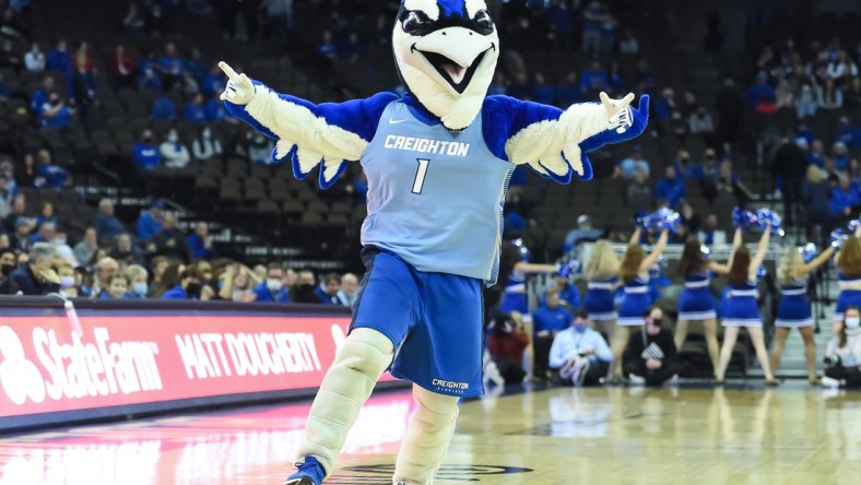 Feb 14, 2022; Omaha, Nebraska, USA; The mascot for the Creighton Bluejays performs during a break in the game against the Georgetown Hoyas in the second half at CHI Health Center Omaha. Mandatory Credit: Steven Branscombe-USA TODAY Sports