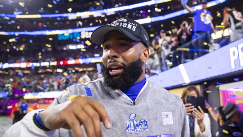 Feb 13, 2022; Inglewood, CA, USA; Los Angeles Rams wide receiver Odell Beckham Jr. reacts after defeating the Cincinnati Bengals during Super Bowl LVI at SoFi Stadium. Mandatory Credit: Mark J. Rebilas-USA TODAY Sports