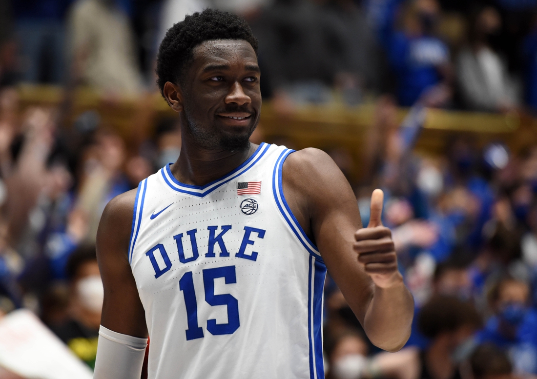 Feb 15, 2022; Durham, North Carolina, USA; Duke Blue Devils center Mark Williams(15) gestures to associate head coach Jon Scheyer (not pictured) during the second half against the Wake Forest Demon Deacons at Cameron Indoor Stadium.  The Blue Devils won 76-74. Mandatory Credit: Rob Kinnan-USA TODAY Sports