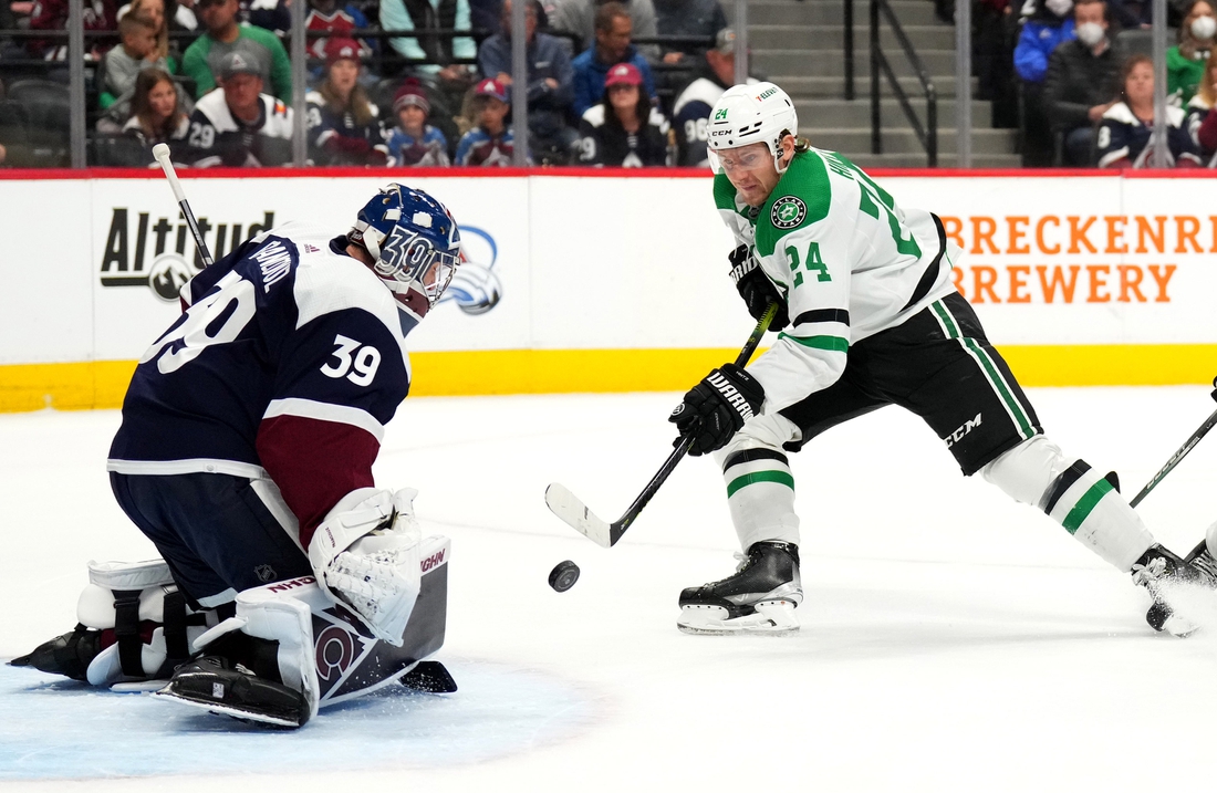 Feb 15, 2022; Denver, Colorado, USA; Dallas Stars center Roope Hintz (24) shoots the puck at Colorado Avalanche goaltender Pavel Francouz (39) in the first period at Ball Arena. Mandatory Credit: Ron Chenoy-USA TODAY Sports