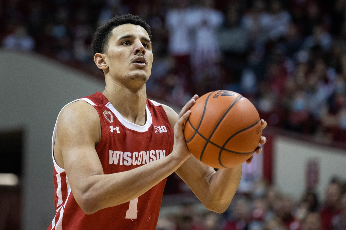 Feb 15, 2022; Bloomington, Indiana, USA; Wisconsin Badgers guard Johnny Davis (1) shoots a free throw in the second half against the Indiana Hoosiers at Simon Skjodt Assembly Hall. Mandatory Credit: Trevor Ruszkowski-USA TODAY Sports