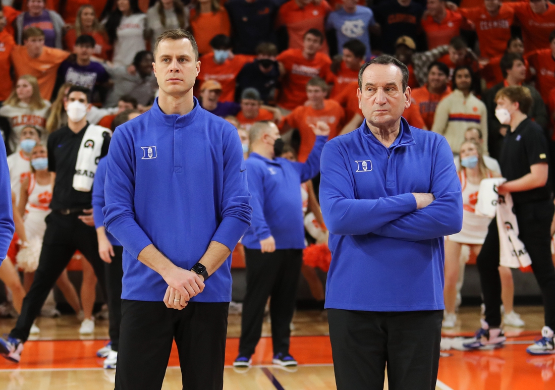 Feb 10, 2022; Clemson, South Carolina, USA; Duke Blue Devils head coach Mike Krzyzewski (right) and associate head coach Jon Scheyer prior to the game against the Clemson Tigers at Littlejohn Coliseum. Mandatory Credit: Dawson Powers-USA TODAY Sports