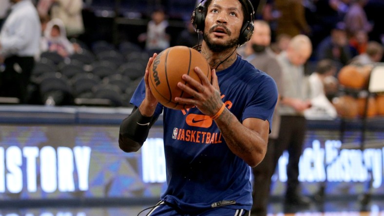 Feb 16, 2022; New York, New York, USA; New York Knicks guard Derrick Rose (4) warms up before a game against the Brooklyn Nets at Madison Square Garden. Mandatory Credit: Brad Penner-USA TODAY Sports