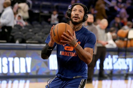 Feb 16, 2022; New York, New York, USA; New York Knicks guard Derrick Rose (4) warms up before a game against the Brooklyn Nets at Madison Square Garden. Mandatory Credit: Brad Penner-USA TODAY Sports
