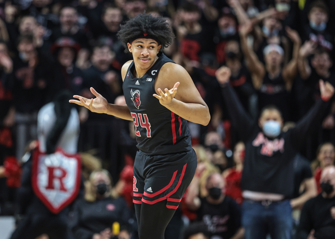 Feb 16, 2022; Piscataway, New Jersey, USA; Rutgers Scarlet Knights guard Aiden Terry (25) reacts after making a three point basket against the Illinois Fighting Illini during the first half at Jersey Mike's Arena. Mandatory Credit: Vincent Carchietta-USA TODAY Sports